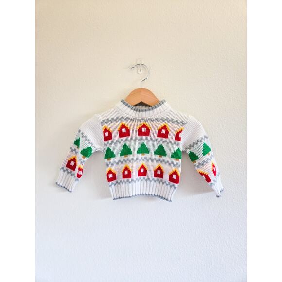 6-12m Vintage Hopscotch Knit Holiday Sweater With Trees And Cabins - Picture 1 of 4